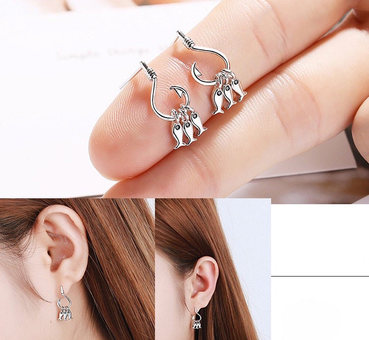 925 Sterling Silver Three Fish Dangle Hook Earrings Ocean Jewelry Gift