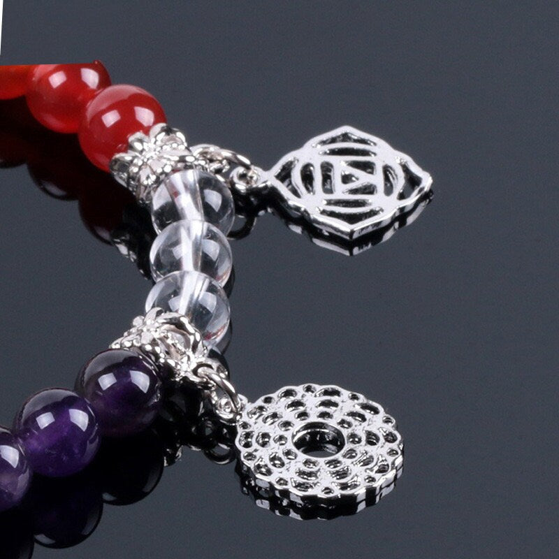 Seven Chakra Beaded Bracelet with Silver-Tone Charms