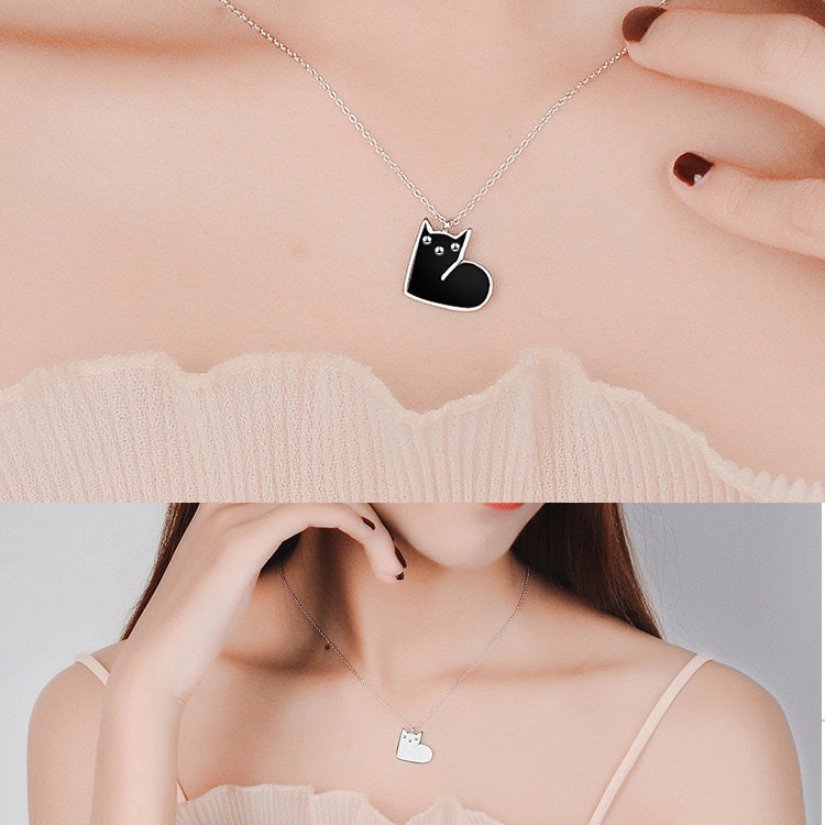 925 Sterling Silver Cat Heart Pendant Necklace – Black or White Enamel