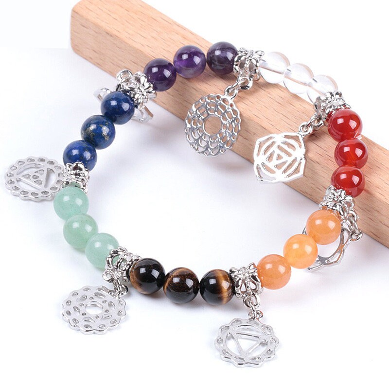 Seven Chakra Beaded Bracelet with Silver-Tone Charms
