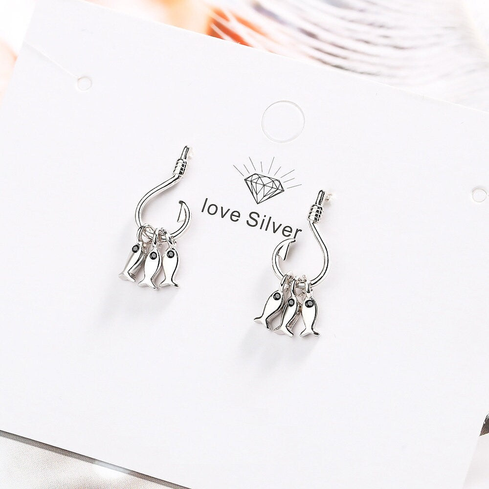 925 Sterling Silver Three Fish Dangle Hook Earrings Ocean Jewelry Gift