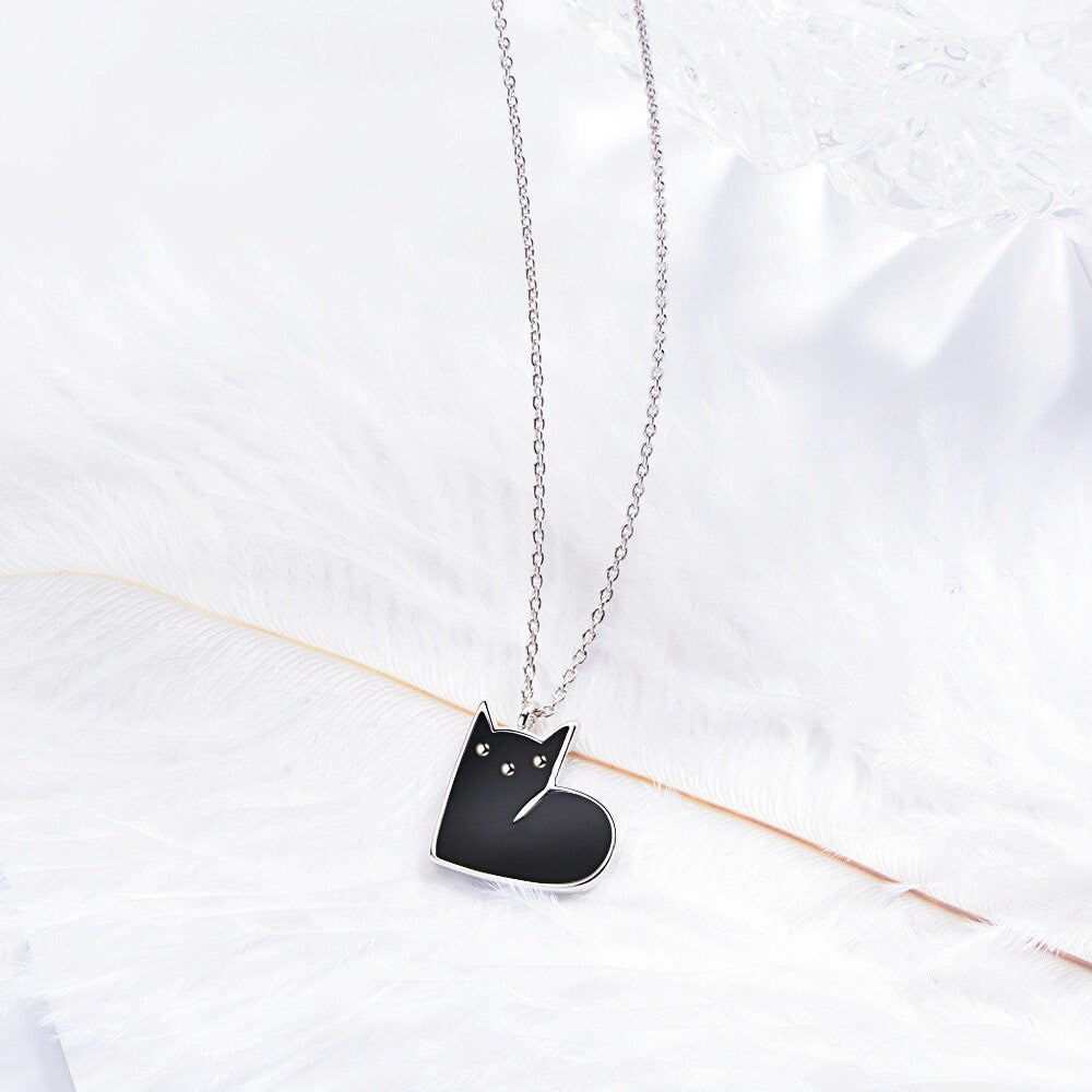 925 Sterling Silver Cat Heart Pendant Necklace – Black or White Enamel