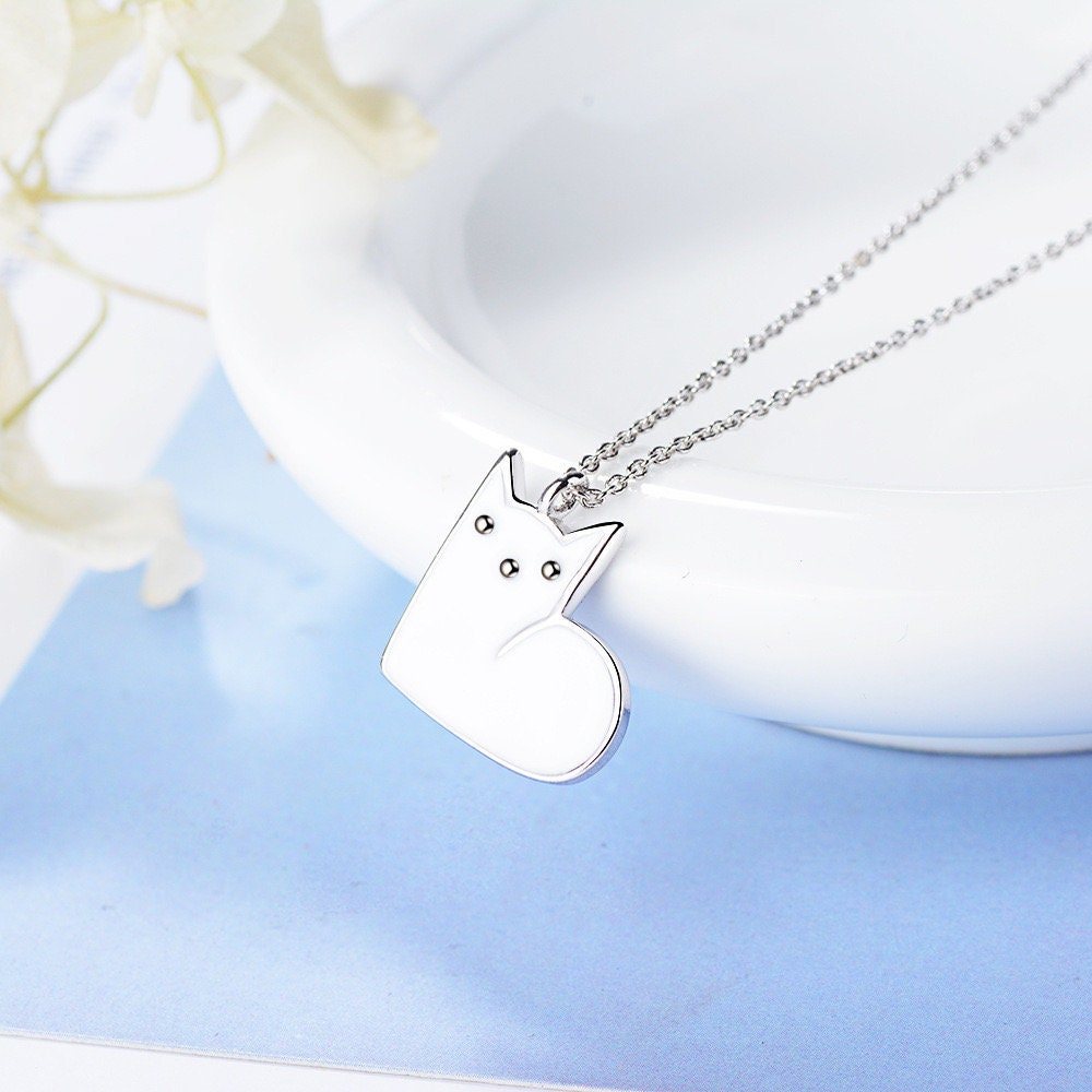 925 Sterling Silver Cat Heart Pendant Necklace – Black or White Enamel