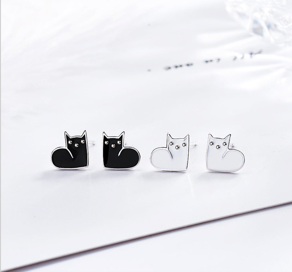 925 Sterling Silver Cat Stud Earrings – Black or White Enamel