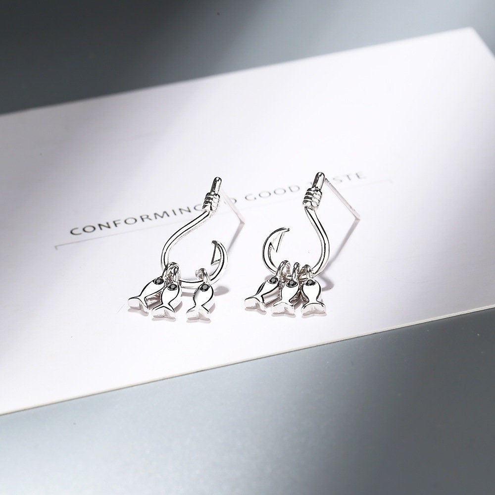 925 Sterling Silver Three Fish Dangle Hook Earrings Ocean Jewelry Gift