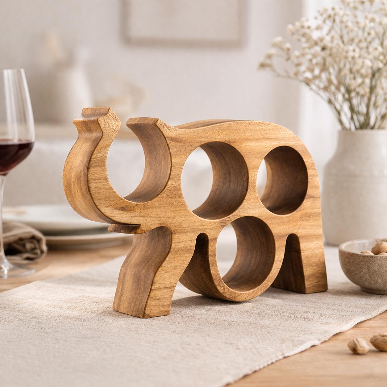 Handcrafted Wooden Elephant Wine Rack – Modern Rustic Bottle Organizer