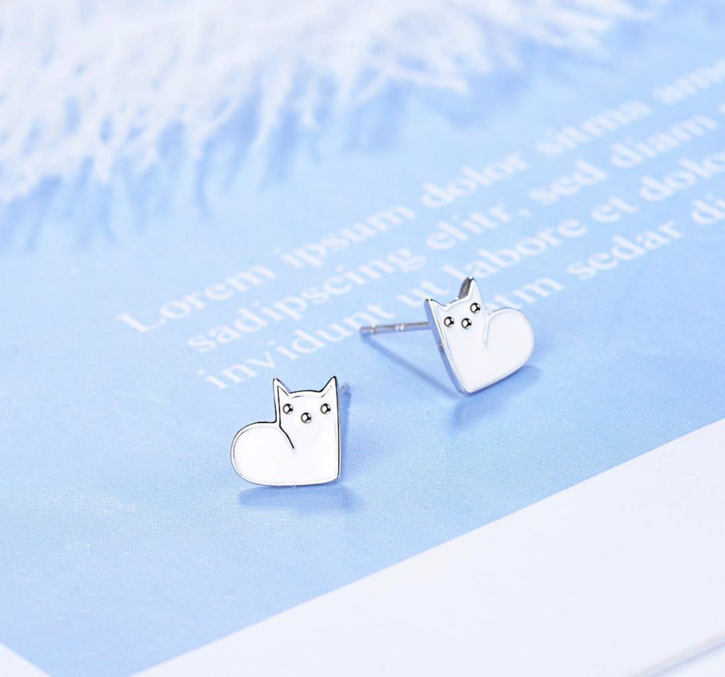 925 Sterling Silver Cat Stud Earrings – Black or White Enamel