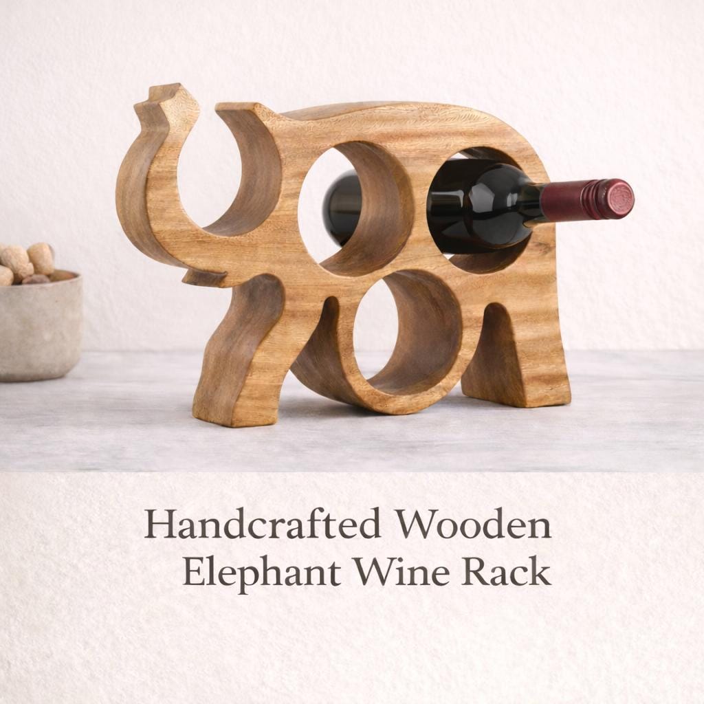Handcrafted Wooden Elephant Wine Rack – Modern Rustic Bottle Organizer