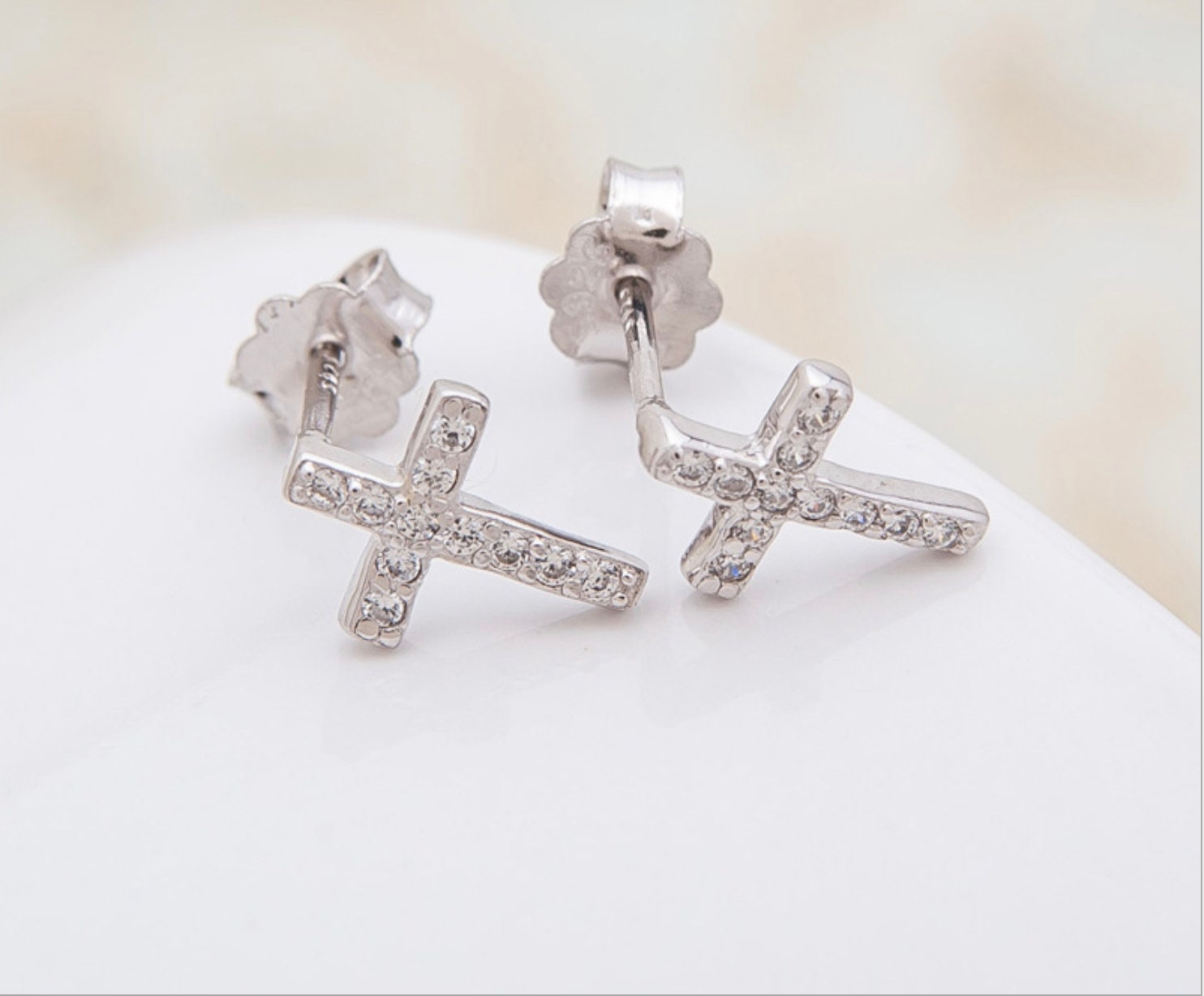 925 Sterling Silver Diamond Cross Stud Earrings