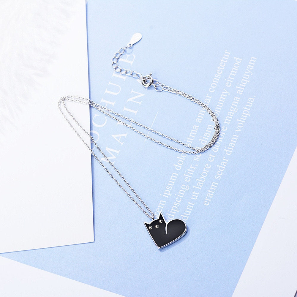 925 Sterling Silver Cat Heart Pendant Necklace – Black or White Enamel