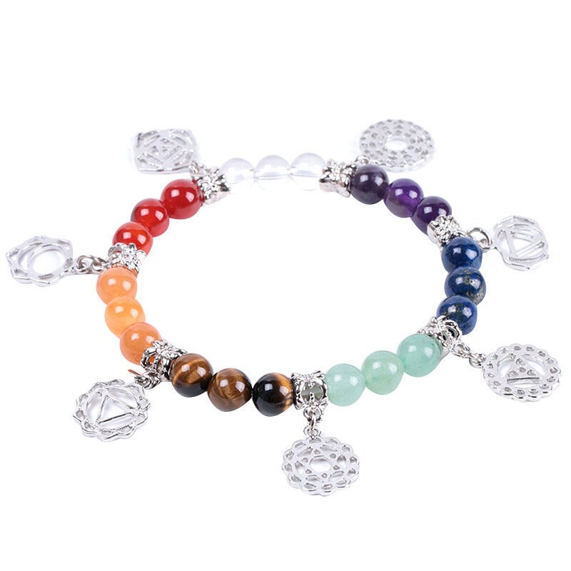 Seven Chakra Beaded Bracelet with Silver-Tone Charms