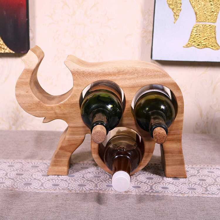 Handcrafted Wooden Elephant Wine Rack – Modern Rustic Bottle Organizer