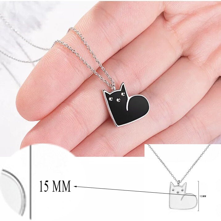 925 Sterling Silver Cat Heart Pendant Necklace – Black or White Enamel