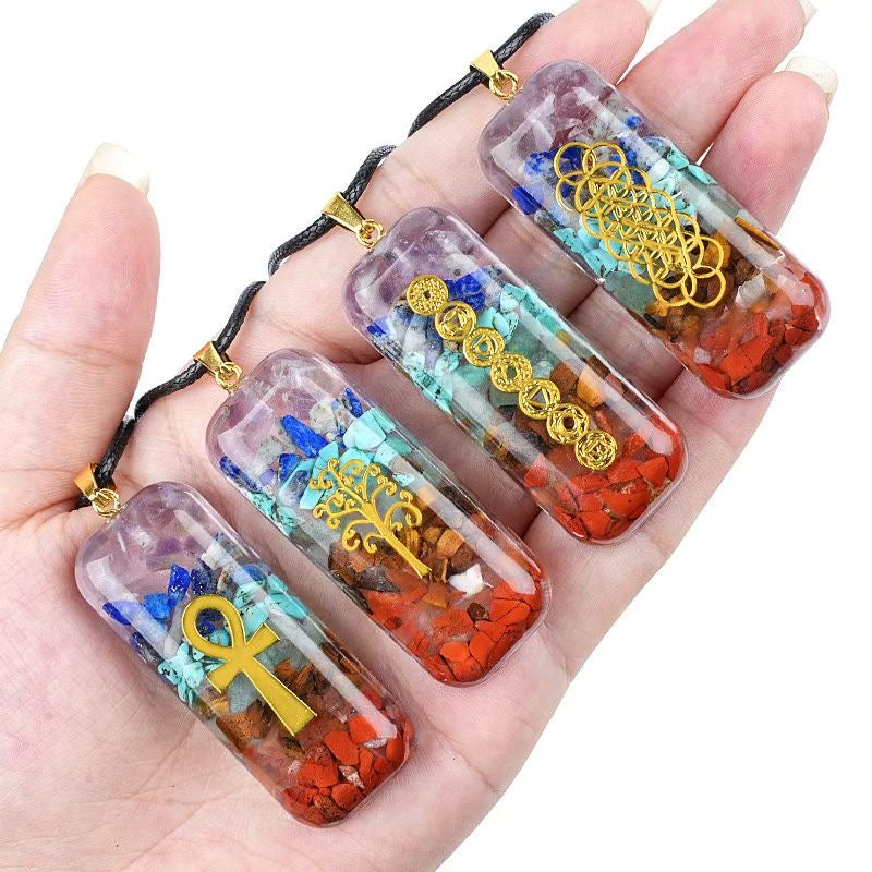 Natural Crystal Chip Resin Pendant Necklace – 6 Spiritual Designs