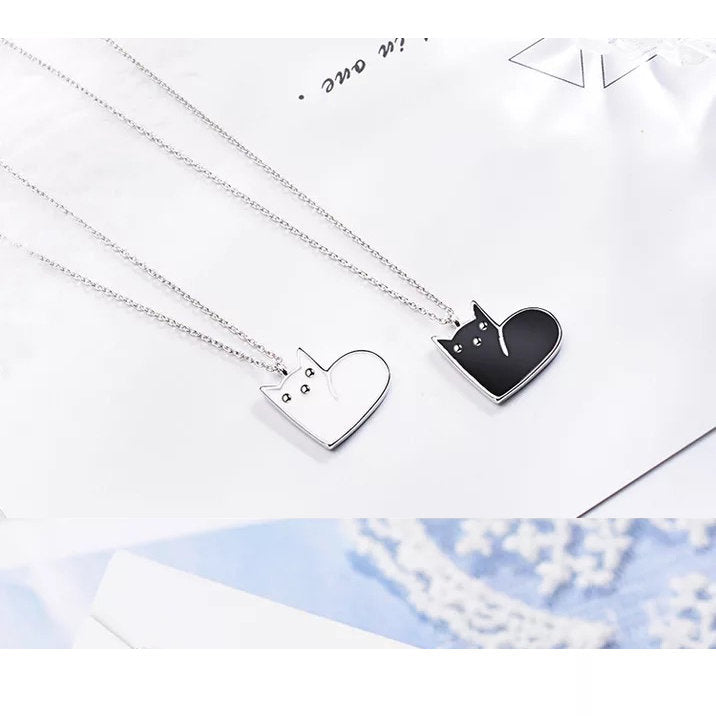 925 Sterling Silver Cat Heart Pendant Necklace – Black or White Enamel