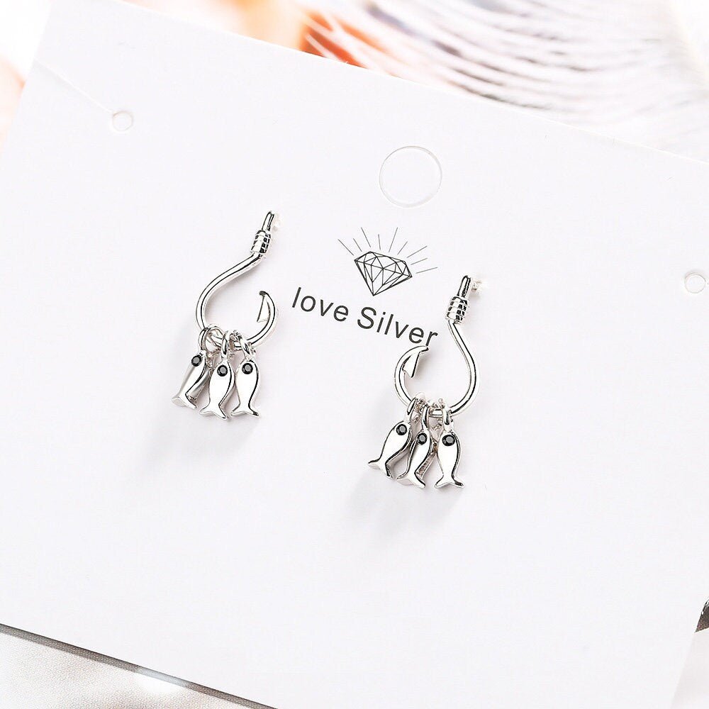 Silver Fish Charm Earrings Front View Silver Fish Charm Earrings Front View