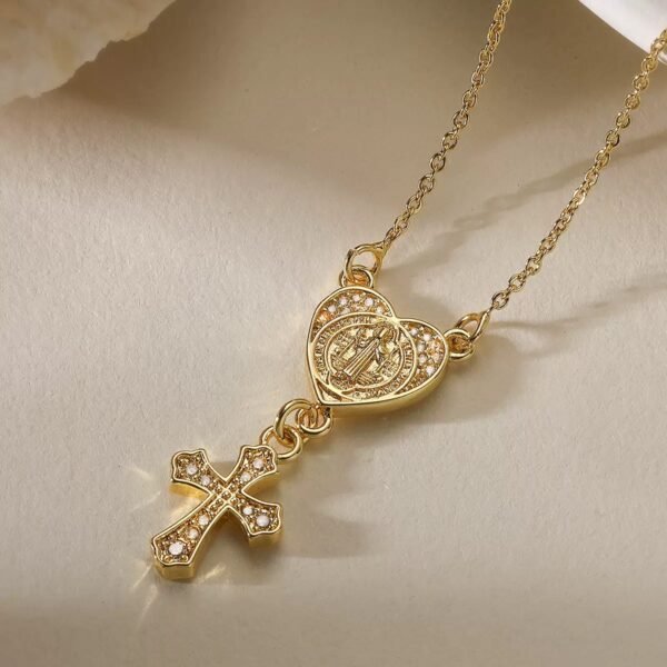 Gold Heart Cross Necklace with Cubic Zirconia