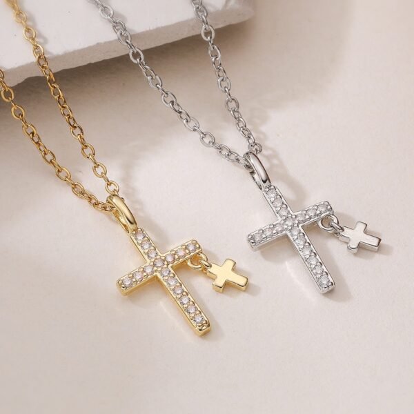 Gold and silver CZ cross pendant necklaces with dangling cross charm