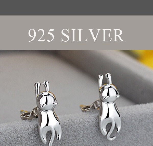 Silver Cat Stud Earrings Close-Up