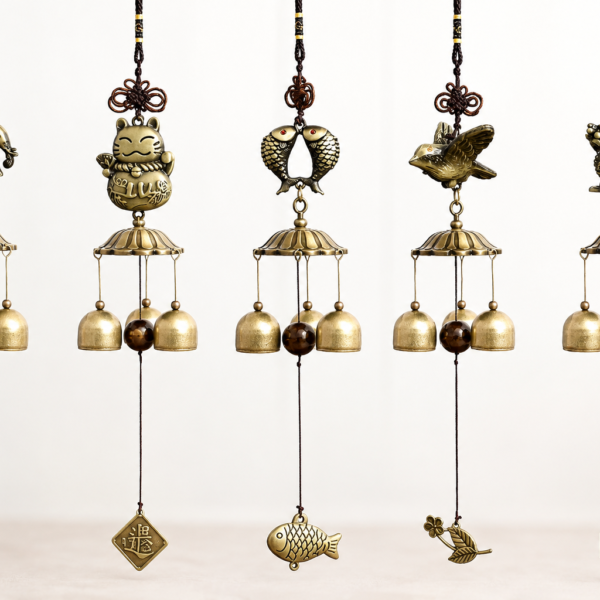 Five styles of brass animal wind chimes with hanging bells