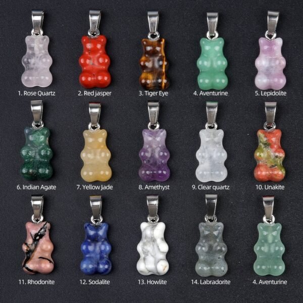 Natural Crystal Gummy Bear Pendants – Amethyst, Rose Quartz, Tiger Eye and Aventurine